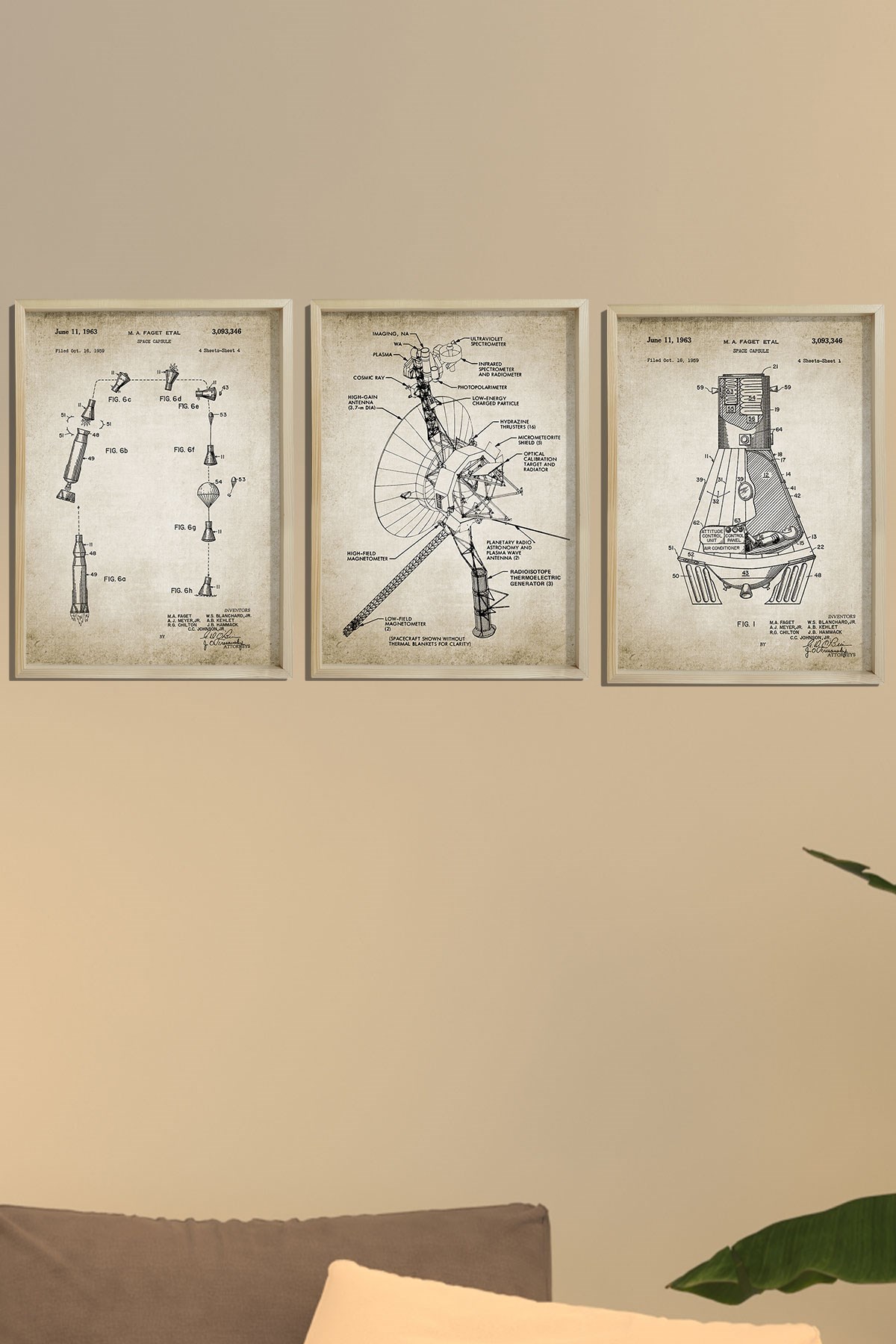 Doğal Çam Çerçeveli Duvar Tablosu Amerikan Uzay Aracı Voyager Patent Baskı 1963