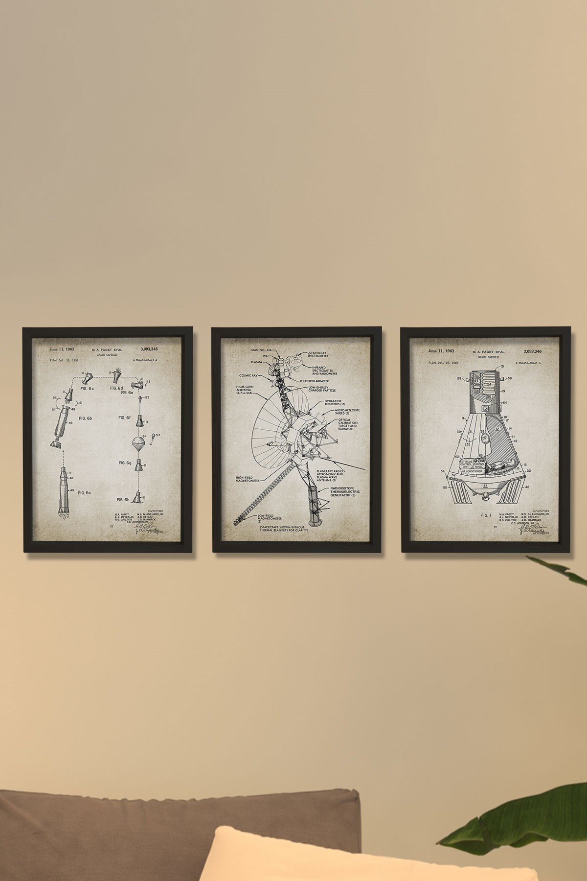 Doğal Çam Çerçeveli Duvar Tablosu Amerikan Uzay Aracı Voyager Patent Baskı 1963