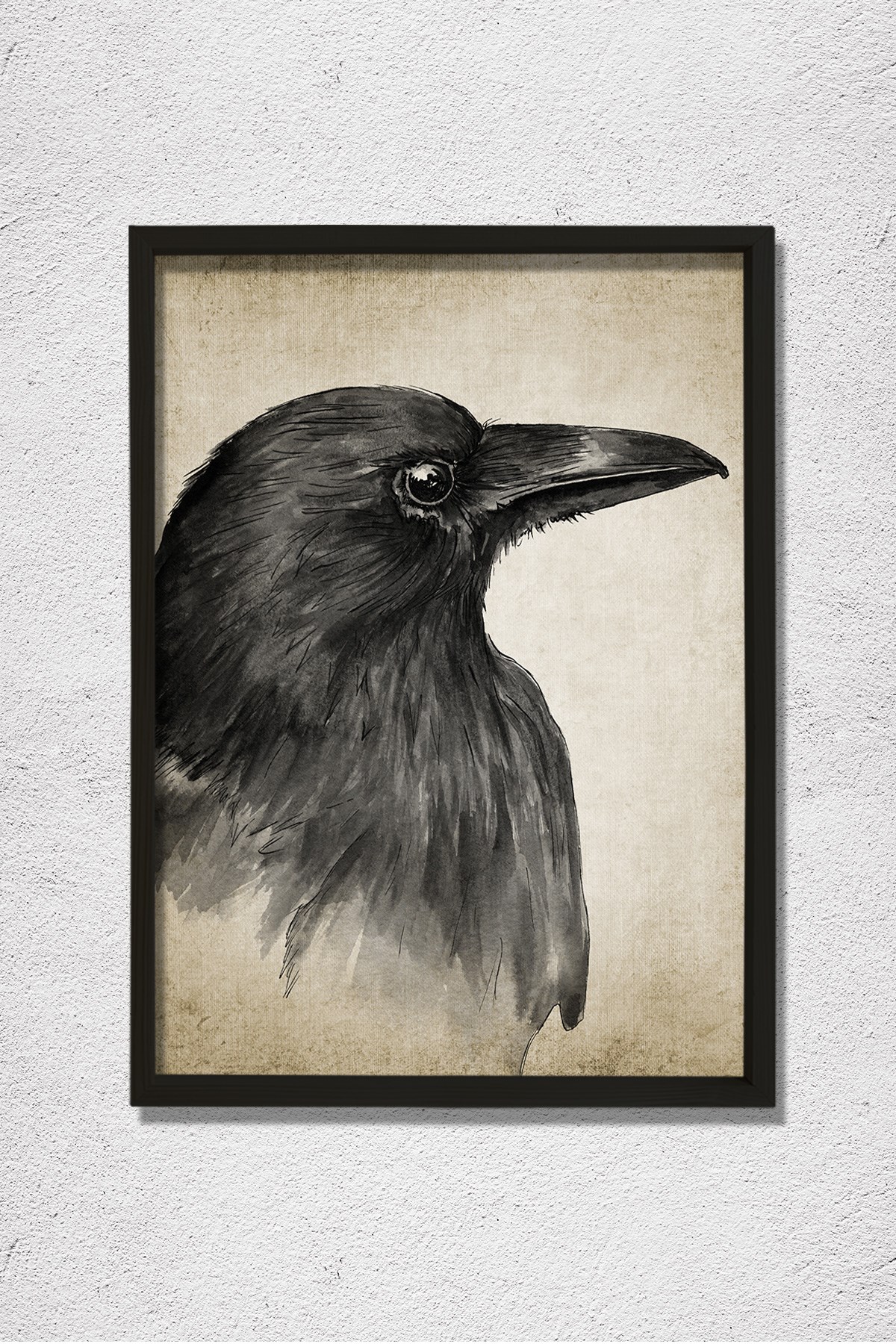 Doğal Çam Çerçeveli Duvar Tablosu Antik Suluboya Kuzgun