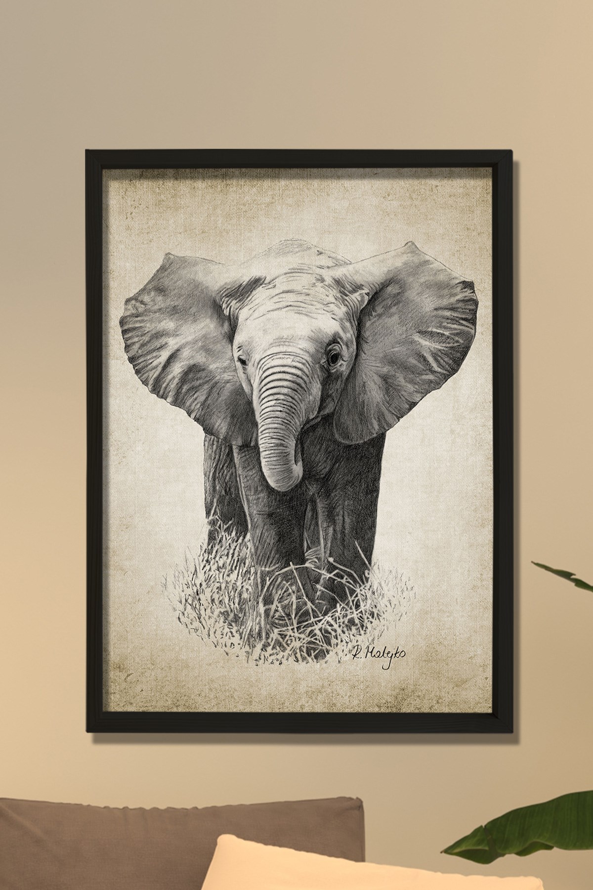 Doğal Çam Çerçeveli Duvar Tablosu Antik Fil