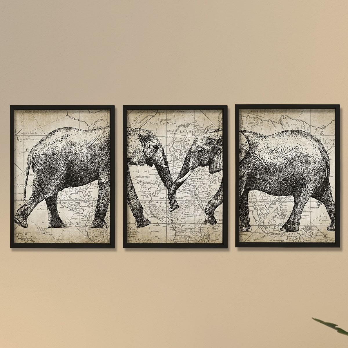 Doğal Çam Çerçeveli Duvar Tablosu Antik Fil ve Harita Sanatı