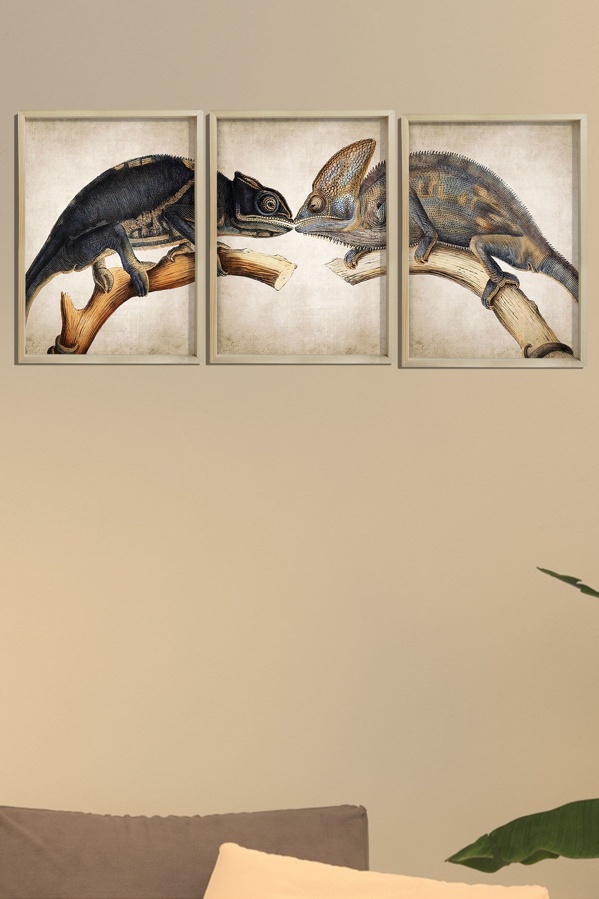 Doğal Çam Çerçeveli Duvar Tablosu Antik Bukalemun Öpüşme