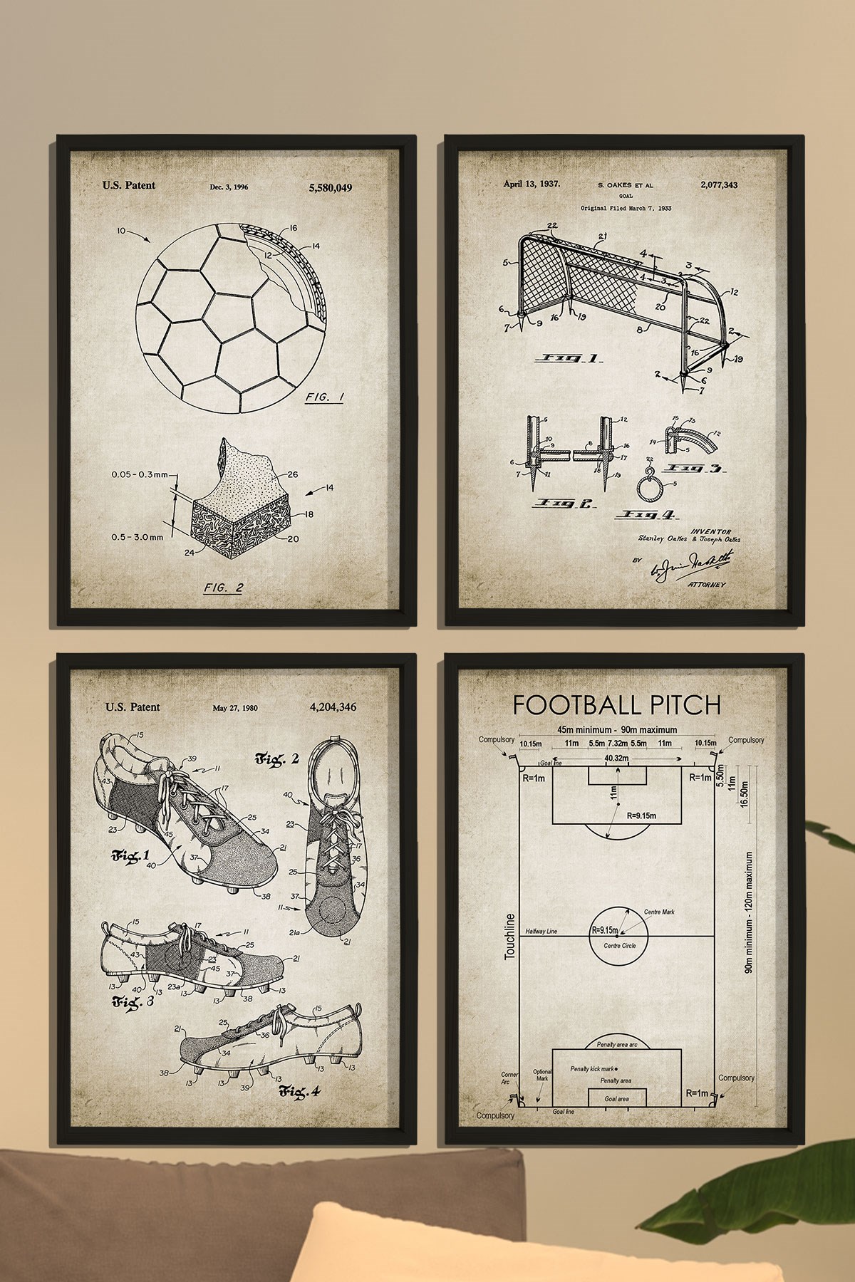 Doğal Çam Çerçeveli Duvar Tablosu Antik Futbool Patent Seti 1937