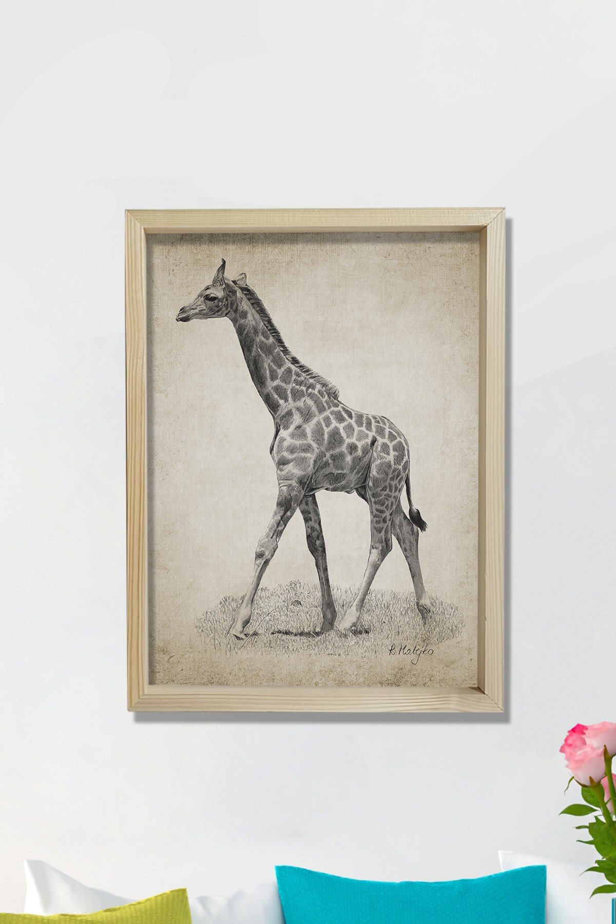 Doğal Çam Çerçeveli Duvar Tablosu Antik Karakalem Zürafa