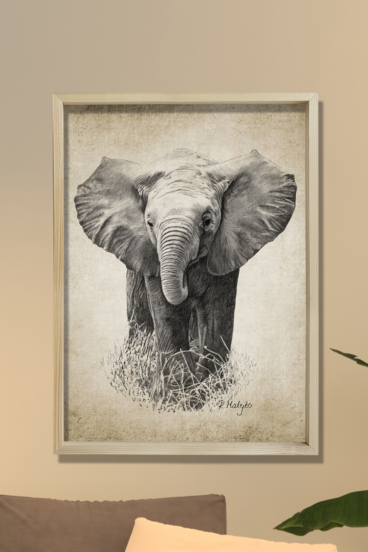 Doğal Çam Çerçeveli Duvar Tablosu Antik Fil