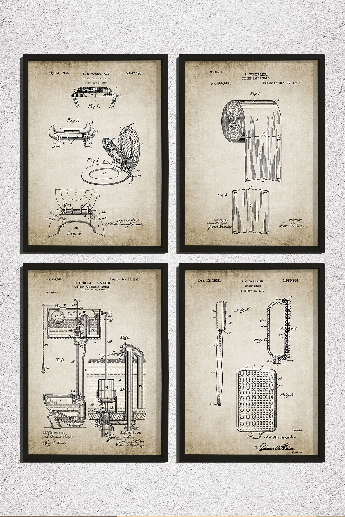 Doğal Çam Çerçeveli Duvar Tablosu Antik Tuvalet Ekipmanları Patenti 1891