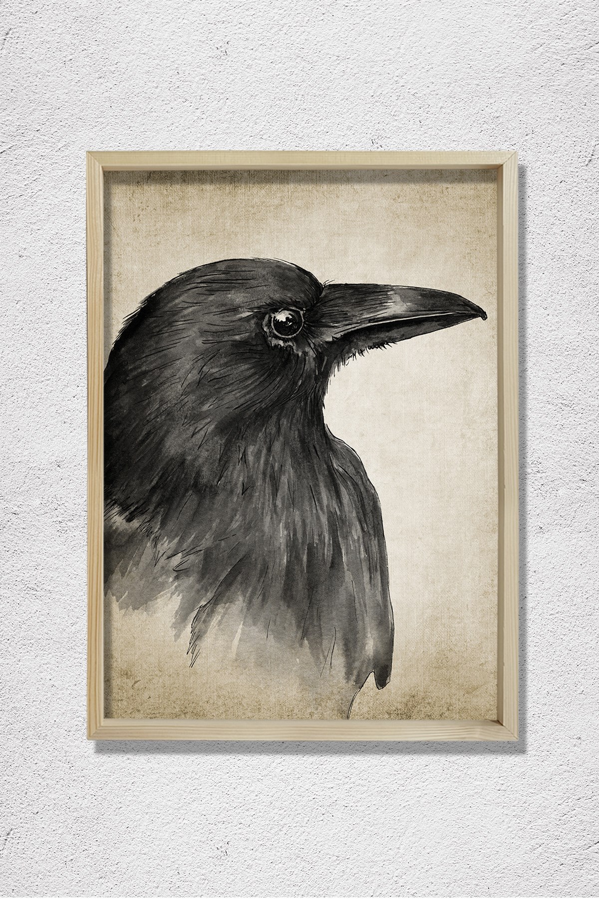 Doğal Çam Çerçeveli Duvar Tablosu Antik Suluboya Kuzgun