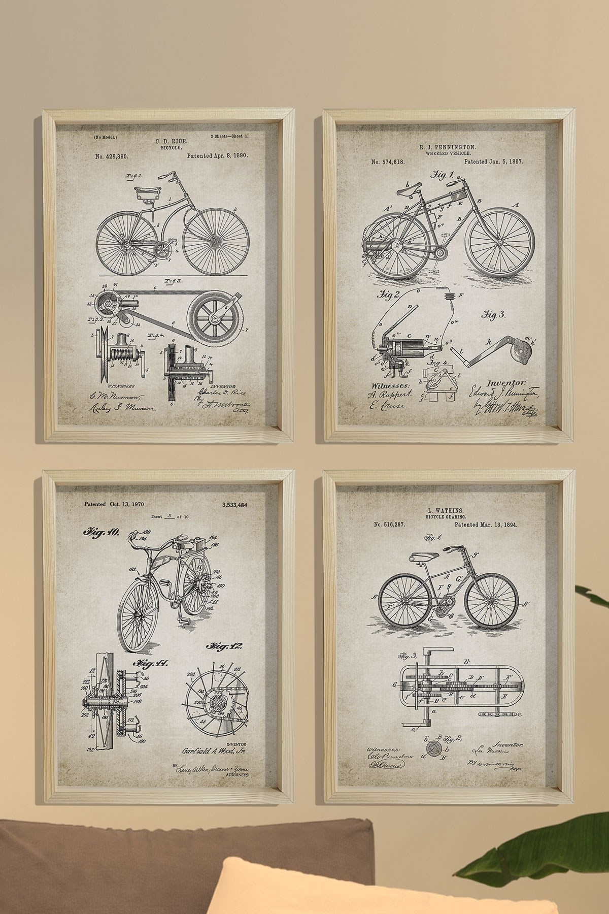 Doğal Çam Çerçeveli Duvar Tablosu Antik Bisiklet Patentleri 1890 Yılı