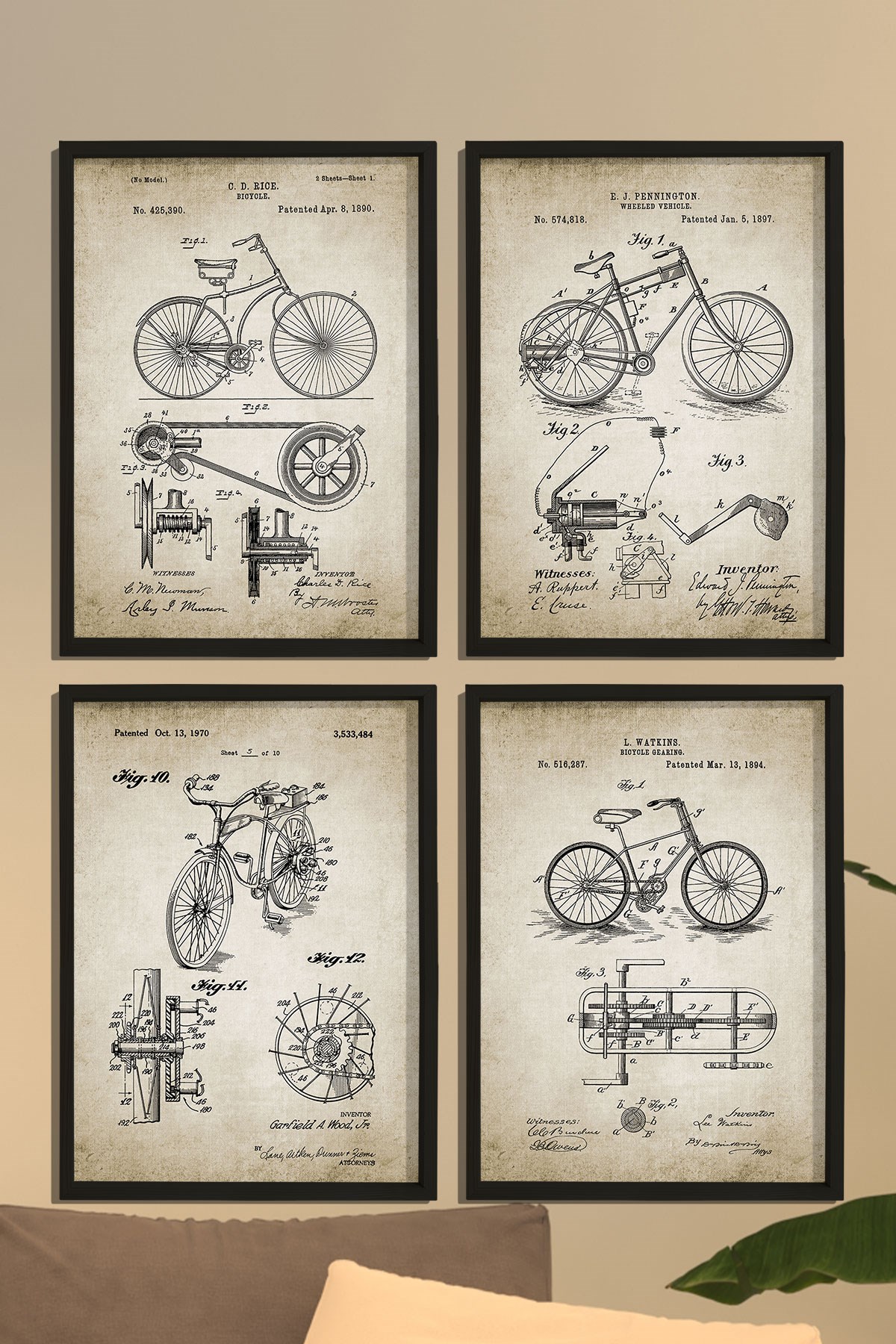 Doğal Çam Çerçeveli Duvar Tablosu Antik Bisiklet Patentleri 1890 Yılı