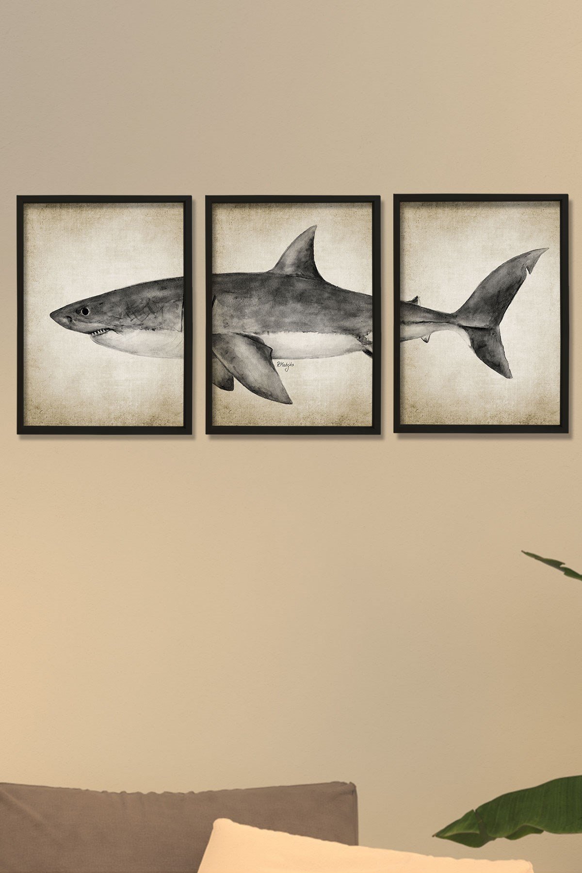 Doğal Çam Çerçeveli Duvar Tablosu Antik Büyük Beyaz Köpekbalığı