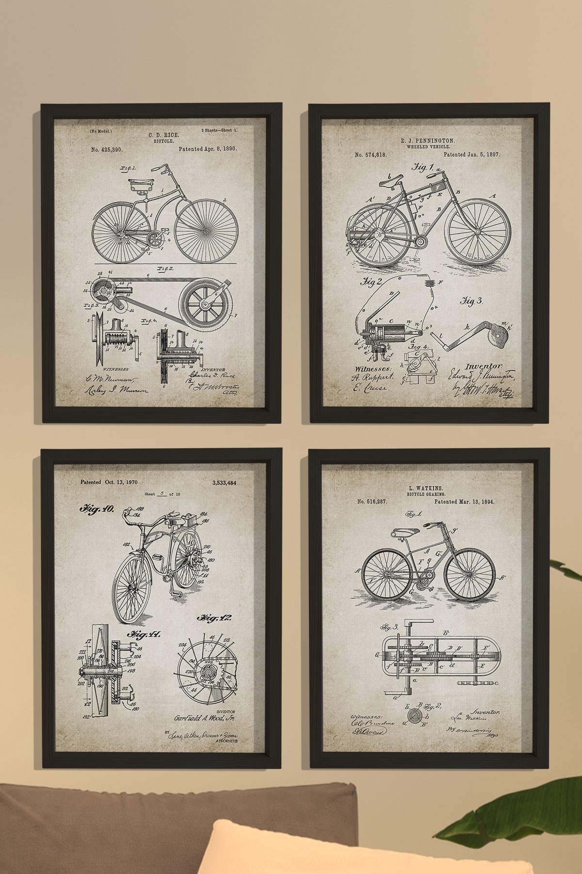 Doğal Çam Çerçeveli Duvar Tablosu Antik Bisiklet Patentleri 1890 Yılı