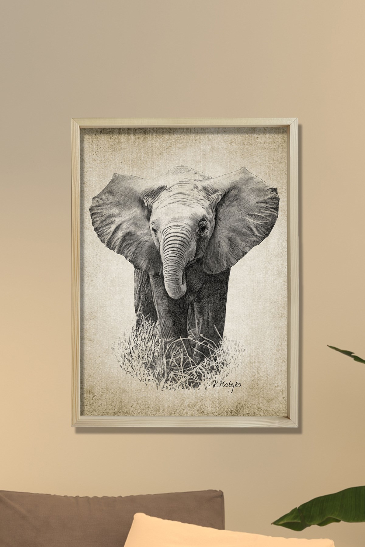 Doğal Çam Çerçeveli Duvar Tablosu Antik Fil