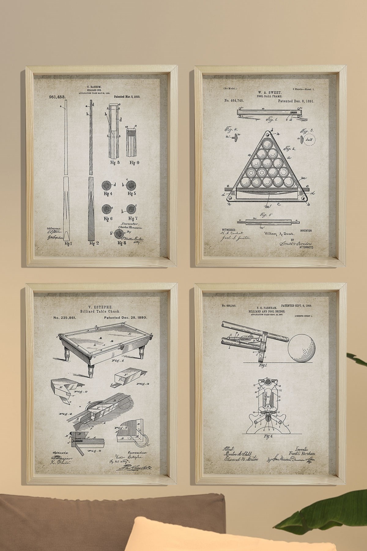 Doğal Çam Çerçeveli Duvar Tablosu Antik Bilardo Patent Seti
