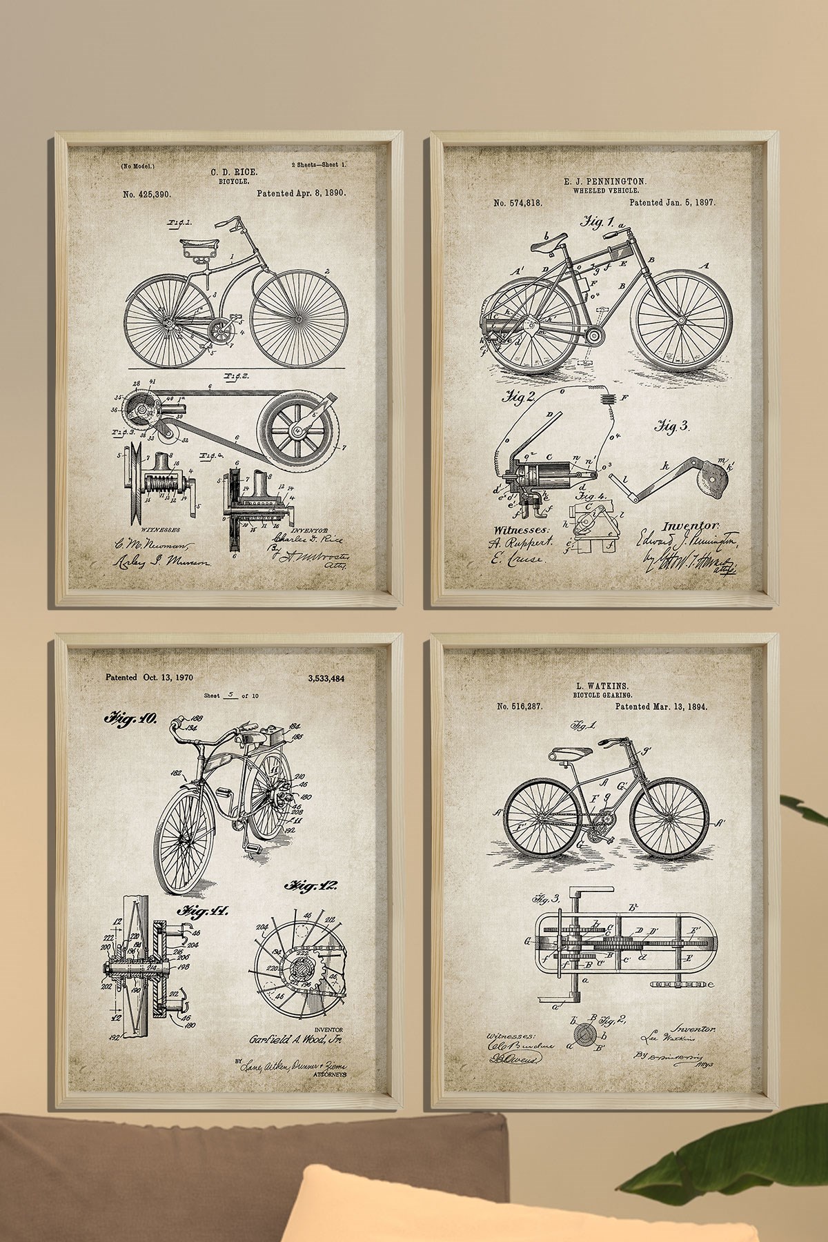 Doğal Çam Çerçeveli Duvar Tablosu Antik Bisiklet Patentleri 1890 Yılı