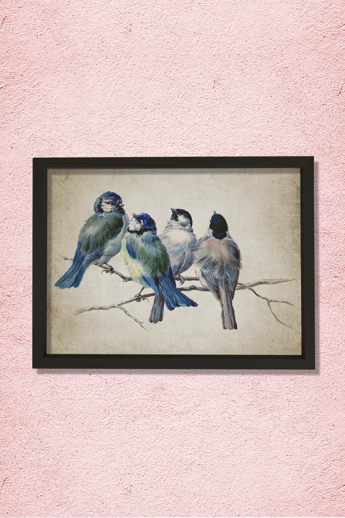Doğal Çam Çerçeveli Duvar Tablosu Antik Mavi Kuşlar