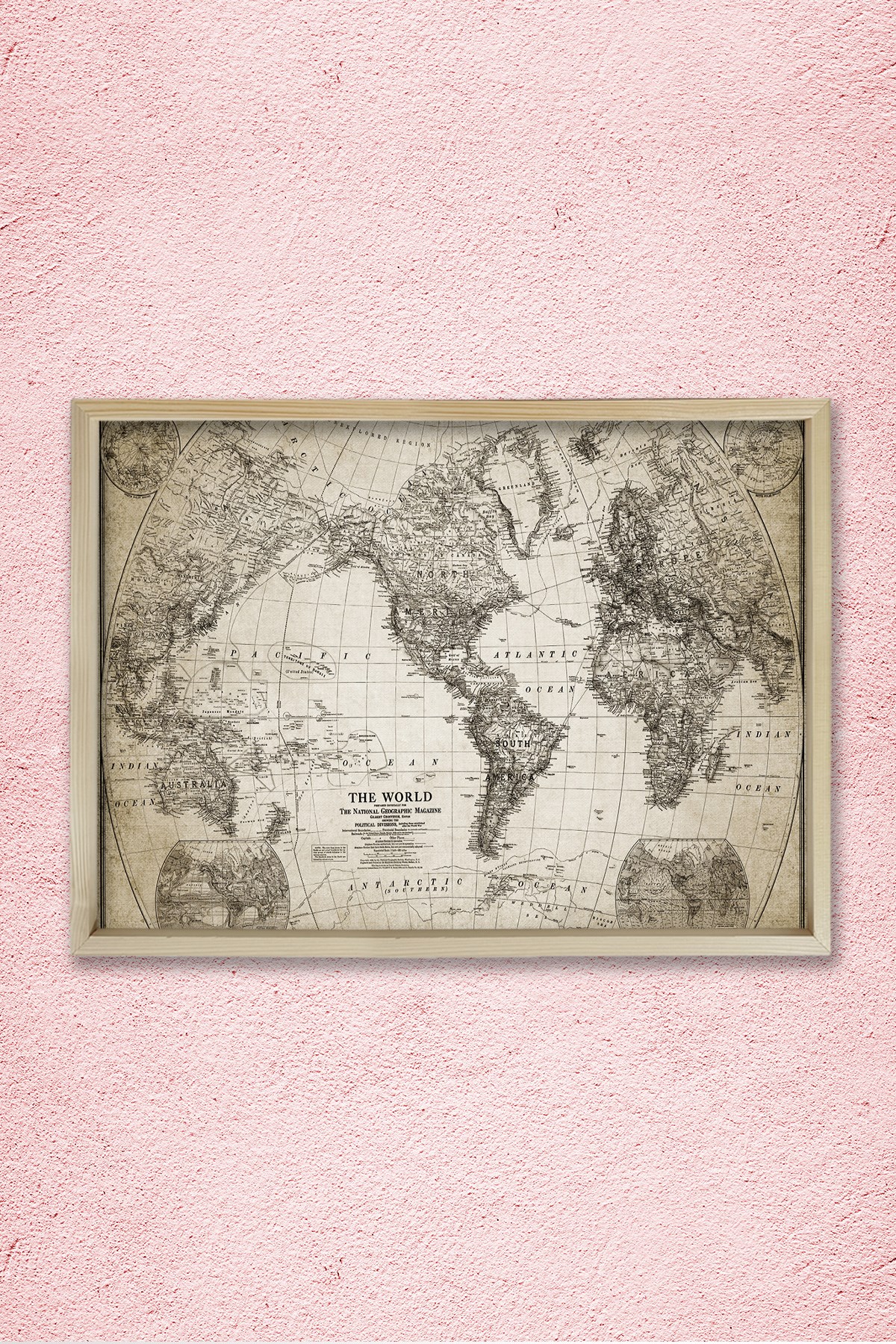 Doğal Çam Çerçeveli Duvar Tablosu Antik Dünya Haritası