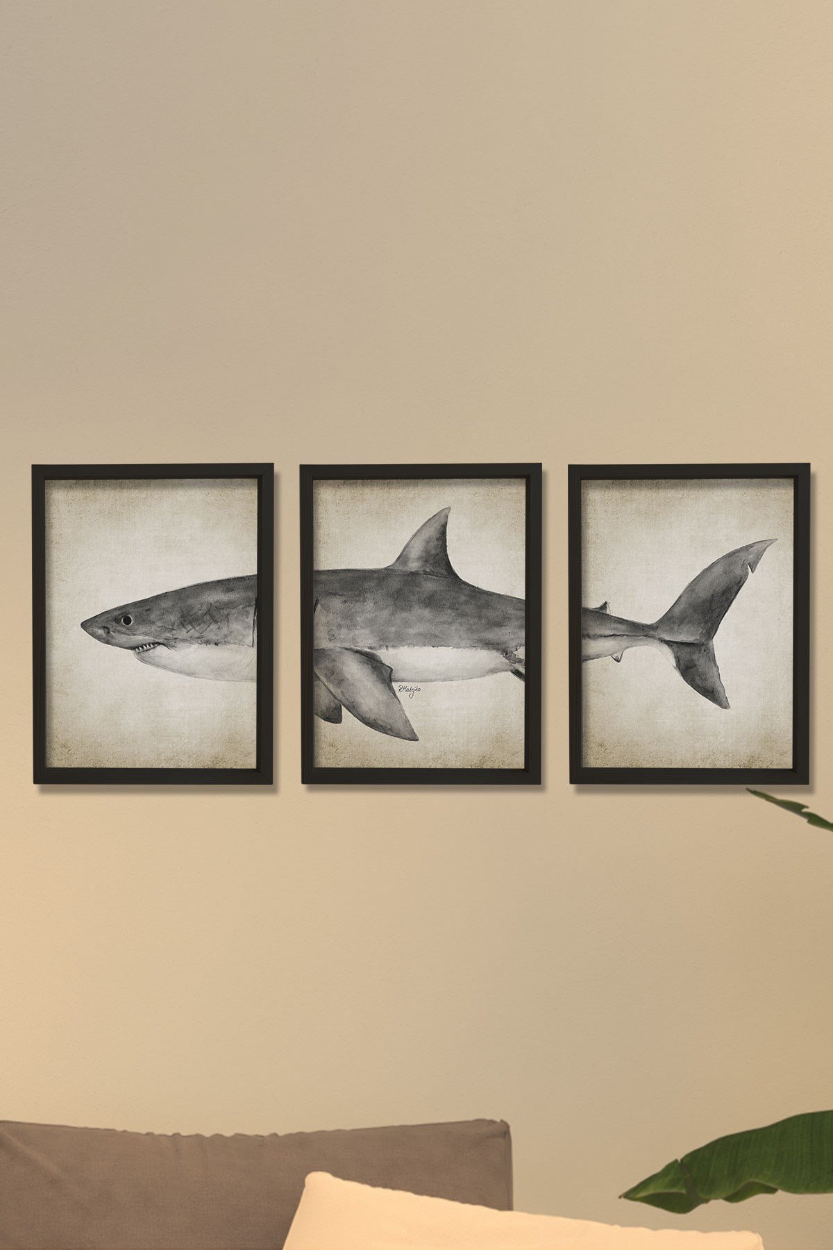 Doğal Çam Çerçeveli Duvar Tablosu Antik Büyük Beyaz Köpekbalığı