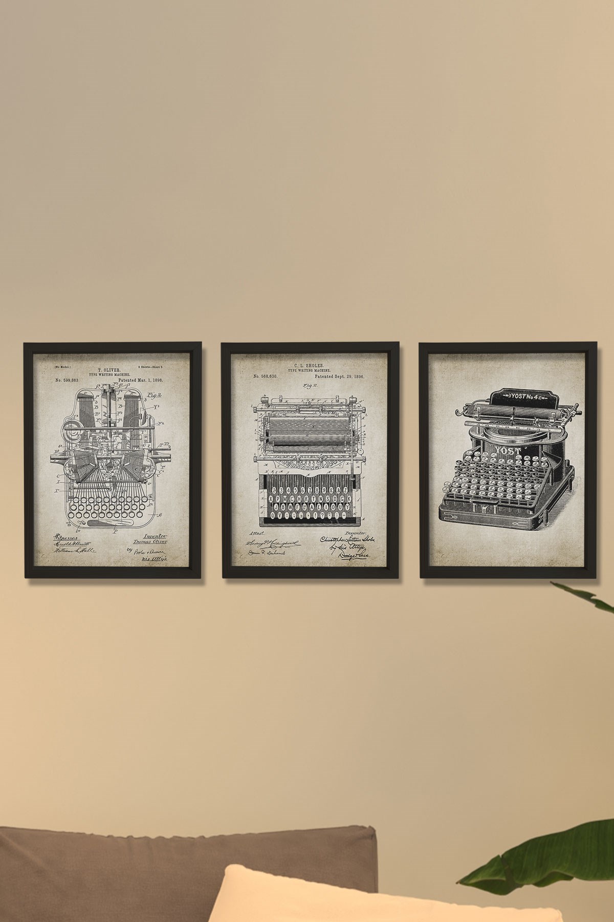 Doğal Çam Çerçeveli Duvar Tablosu Antik Daktilo Patenti 3'lü Tablo Seti 1896