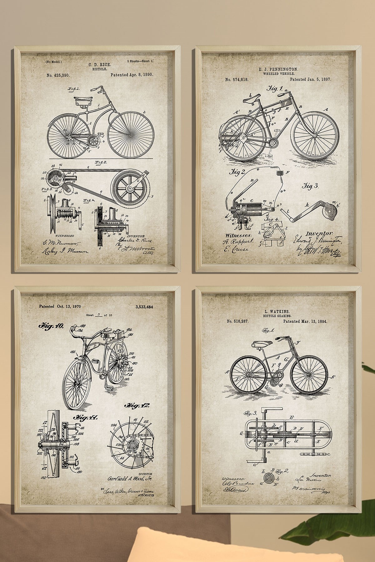 Doğal Çam Çerçeveli Duvar Tablosu Antik Bisiklet Patentleri 1890 Yılı