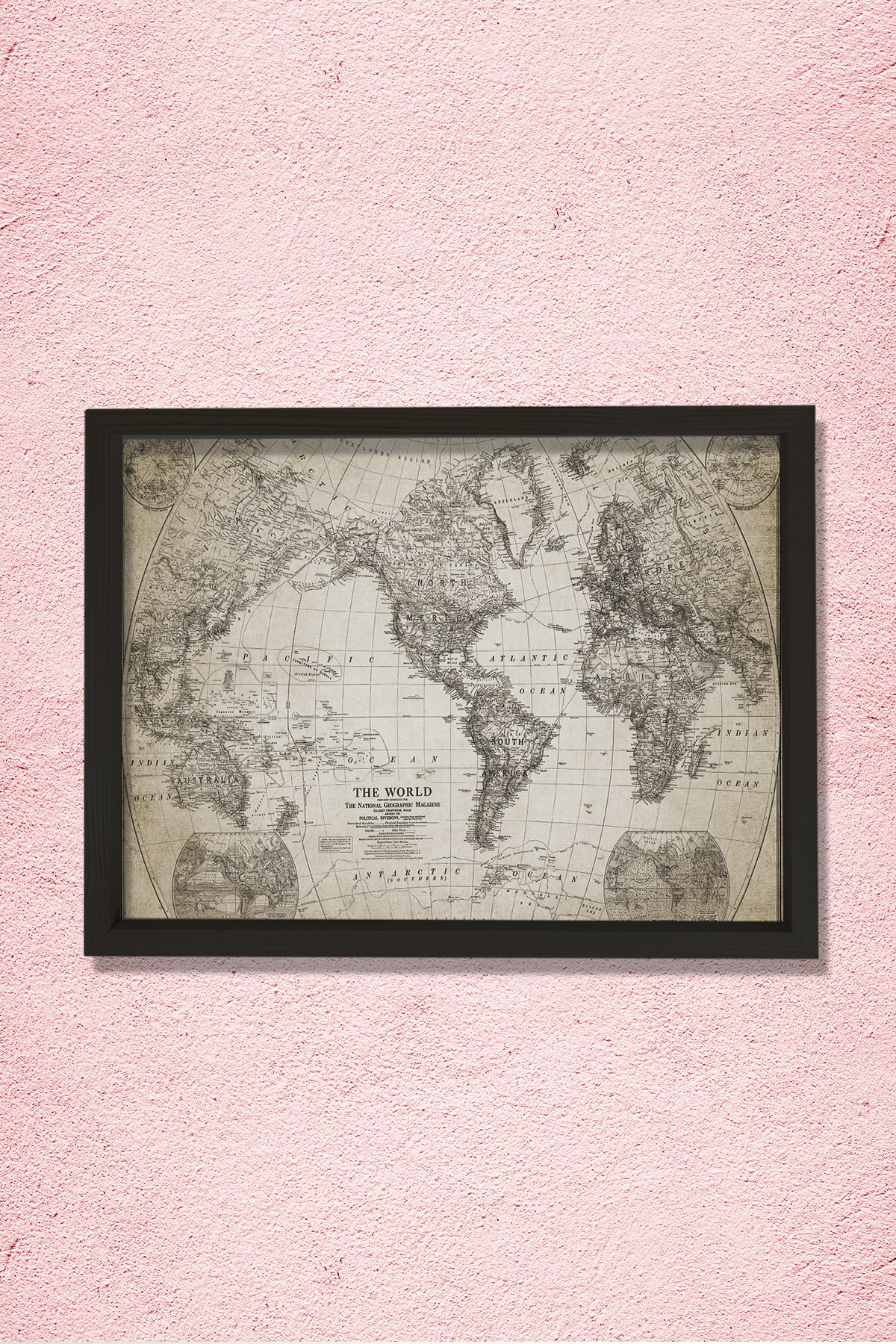 Doğal Çam Çerçeveli Duvar Tablosu Antik Dünya Haritası