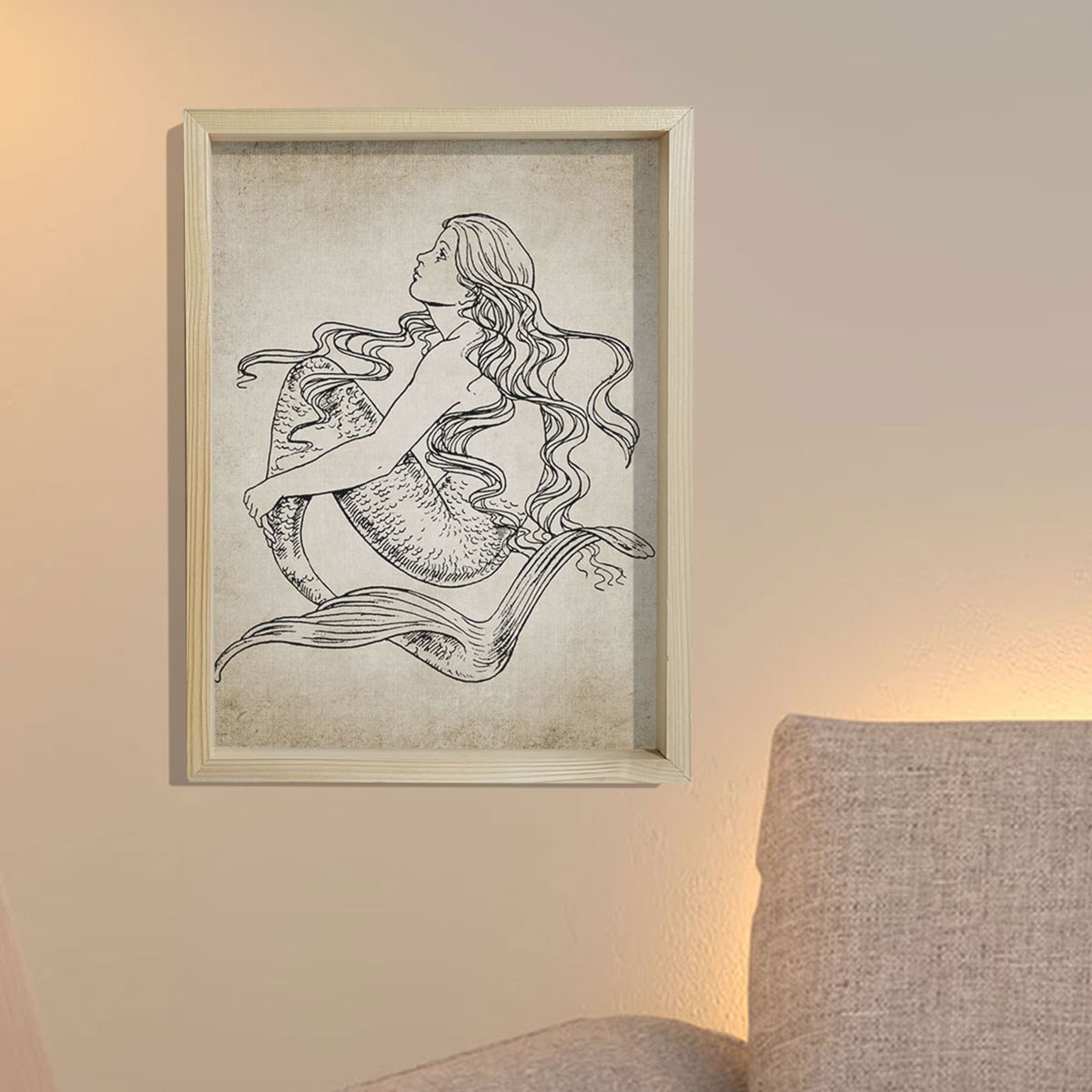 Doğal Çam Çerçeveli Duvar Tablosu Antik Denizkızı
