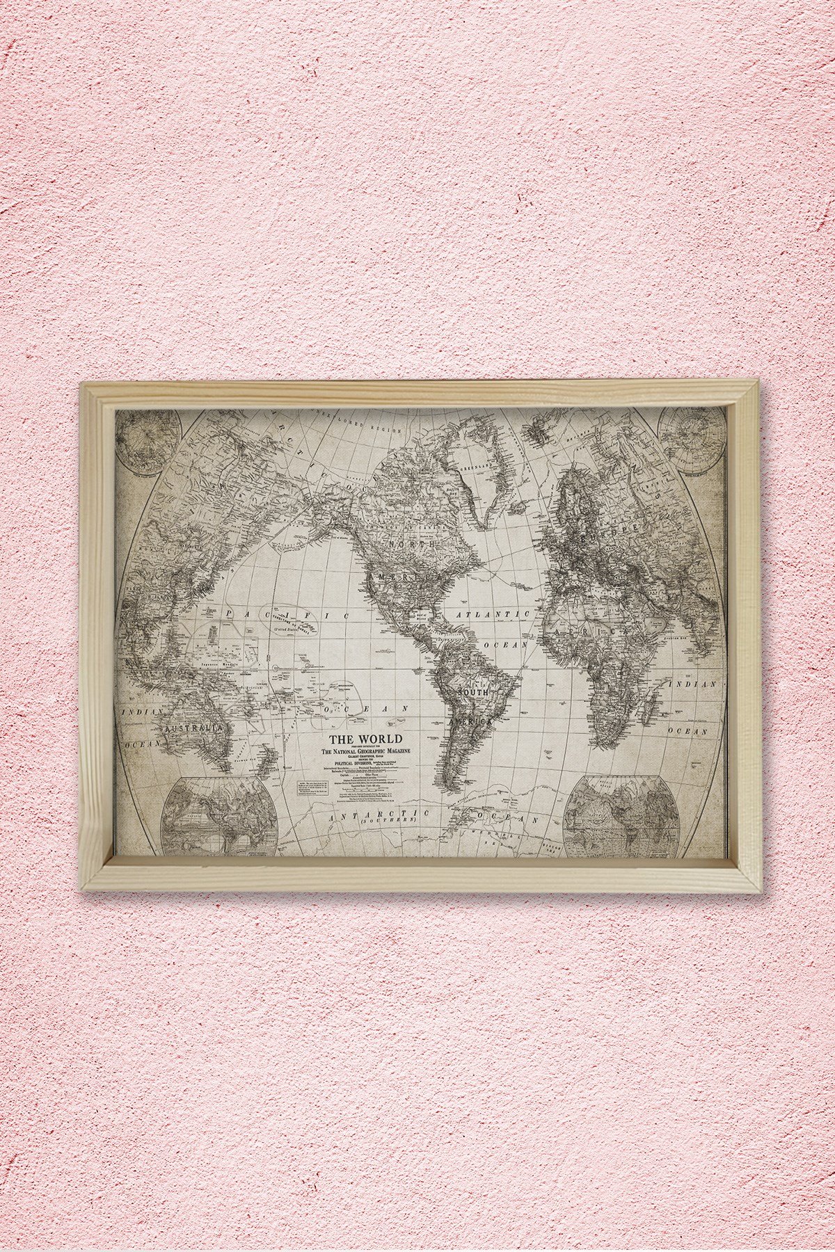 Doğal Çam Çerçeveli Duvar Tablosu Antik Dünya Haritası