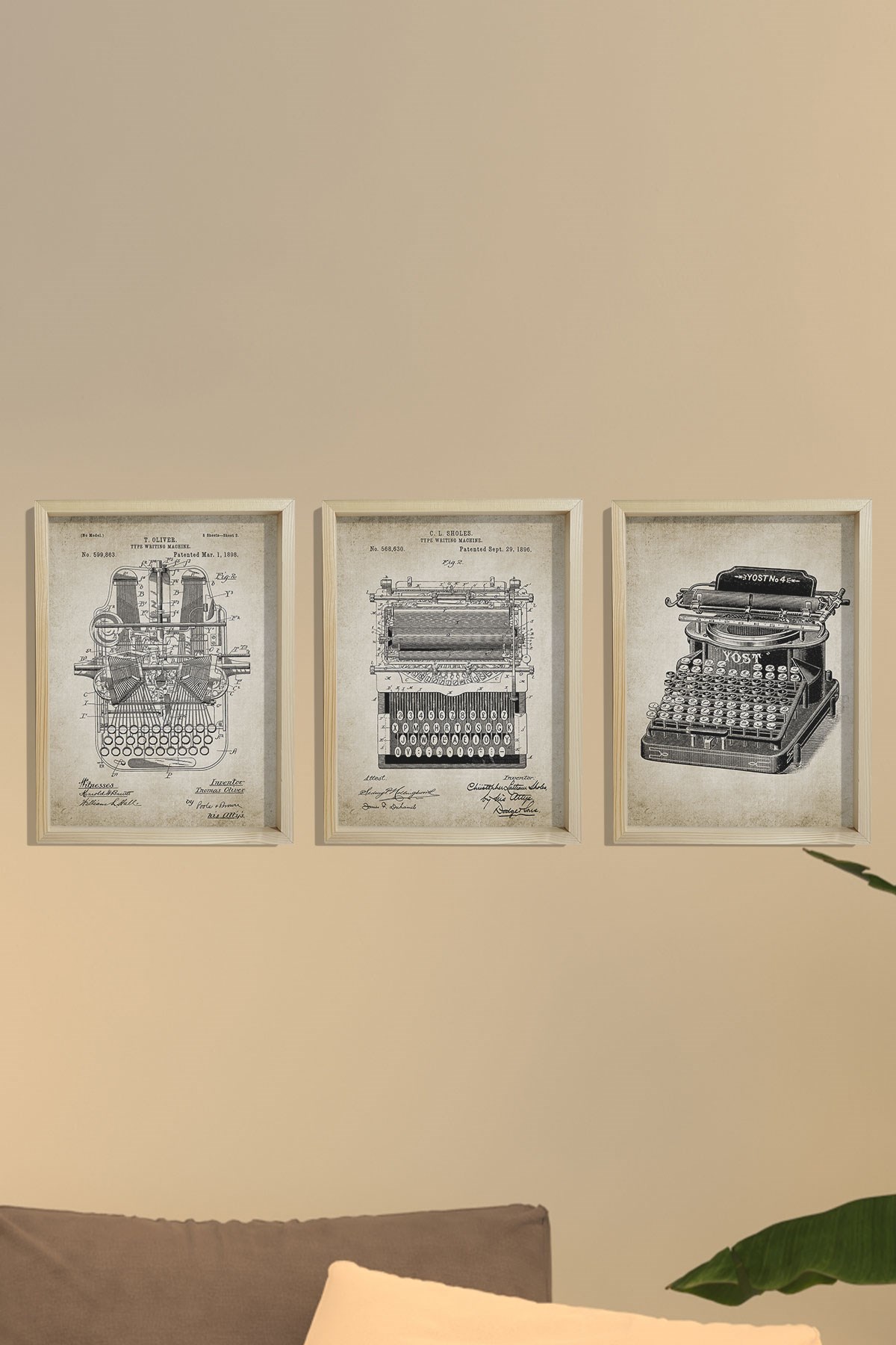 Doğal Çam Çerçeveli Duvar Tablosu Antik Daktilo Patenti 3'lü Tablo Seti 1896