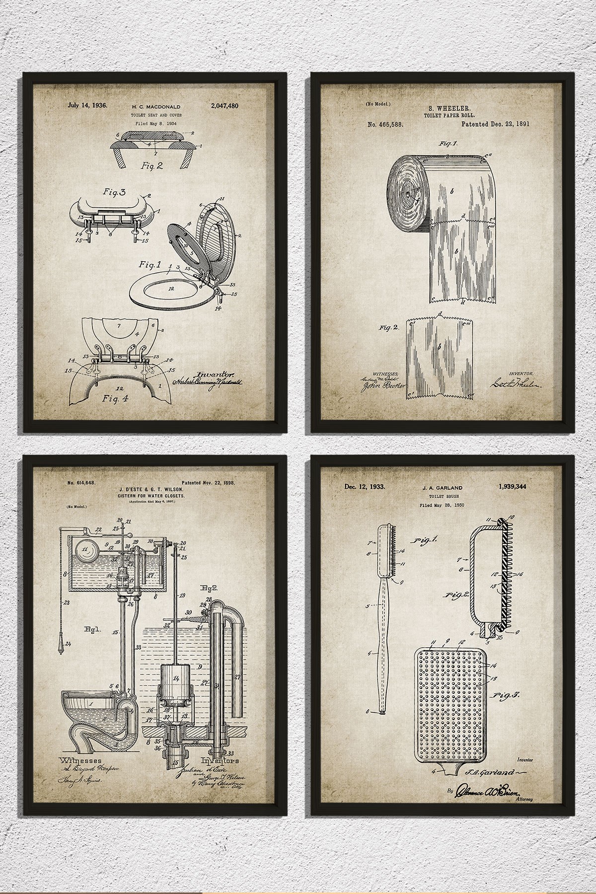 Doğal Çam Çerçeveli Duvar Tablosu Antik Tuvalet Ekipmanları Patenti 1891