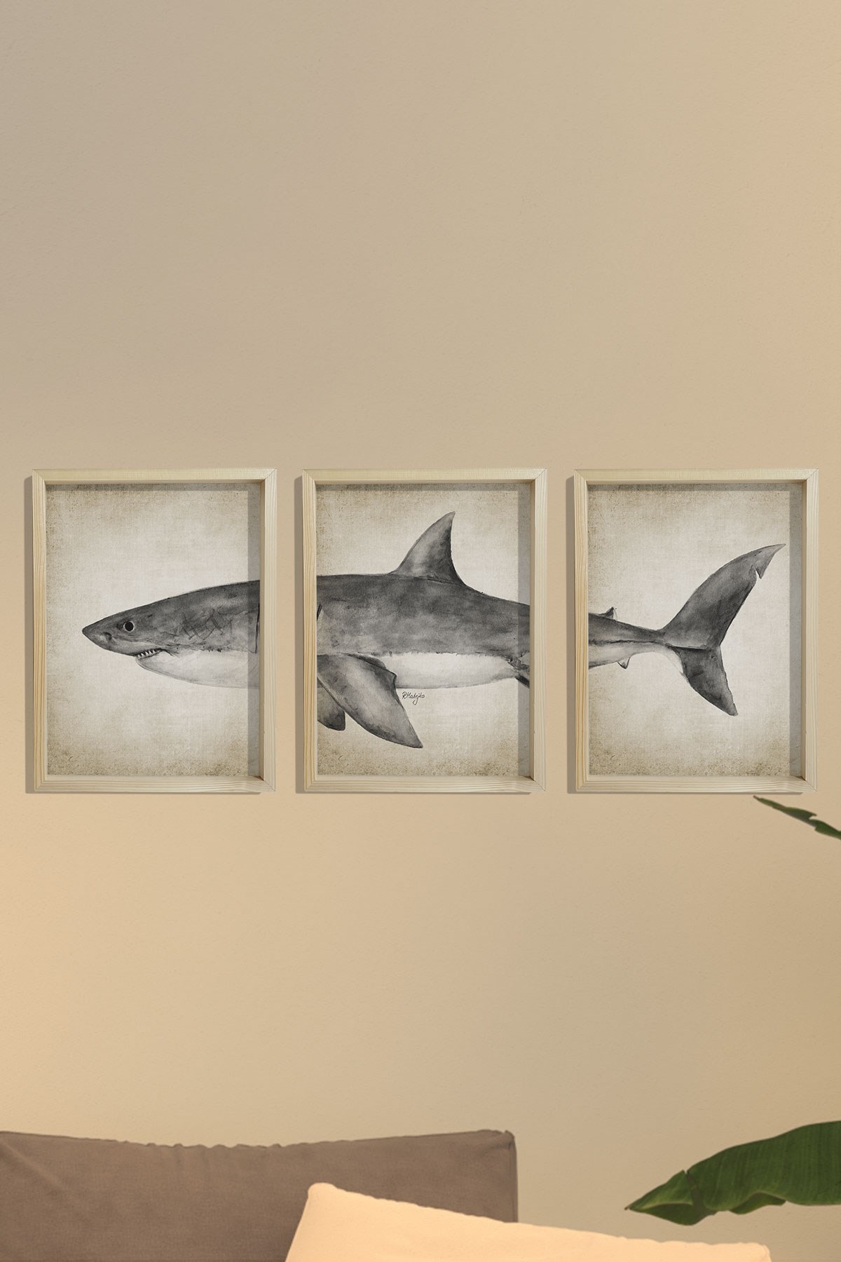 Doğal Çam Çerçeveli Duvar Tablosu Antik Büyük Beyaz Köpekbalığı