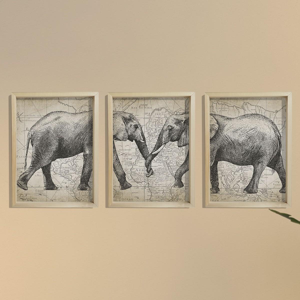 Doğal Çam Çerçeveli Duvar Tablosu Antik Fil ve Harita Sanatı