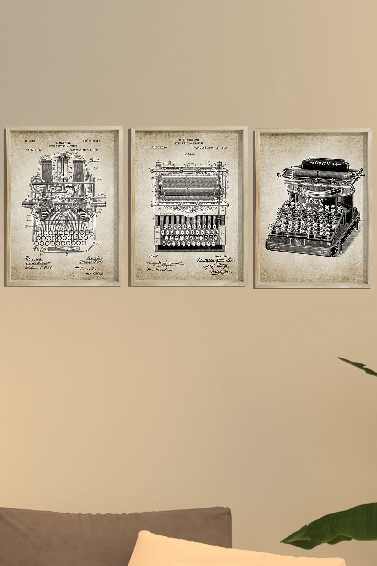 Doğal Çam Çerçeveli Duvar Tablosu Antik Daktilo Patenti 3'lü Tablo Seti 1896