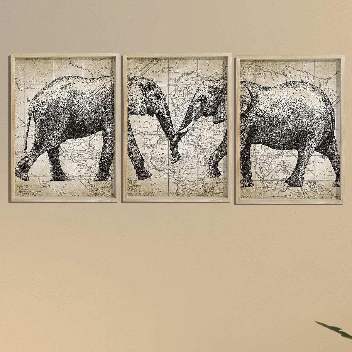 Doğal Çam Çerçeveli Duvar Tablosu Antik Fil ve Harita Sanatı