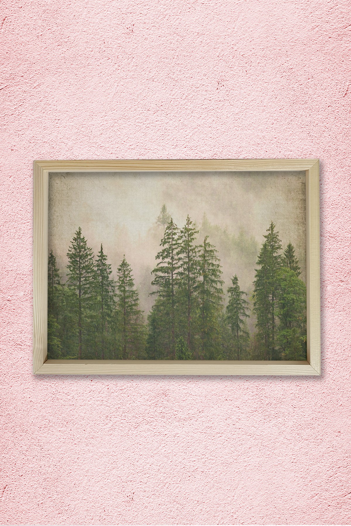 Doğal Çam Çerçeveli Duvar Tablosu Antik Sisli Orman