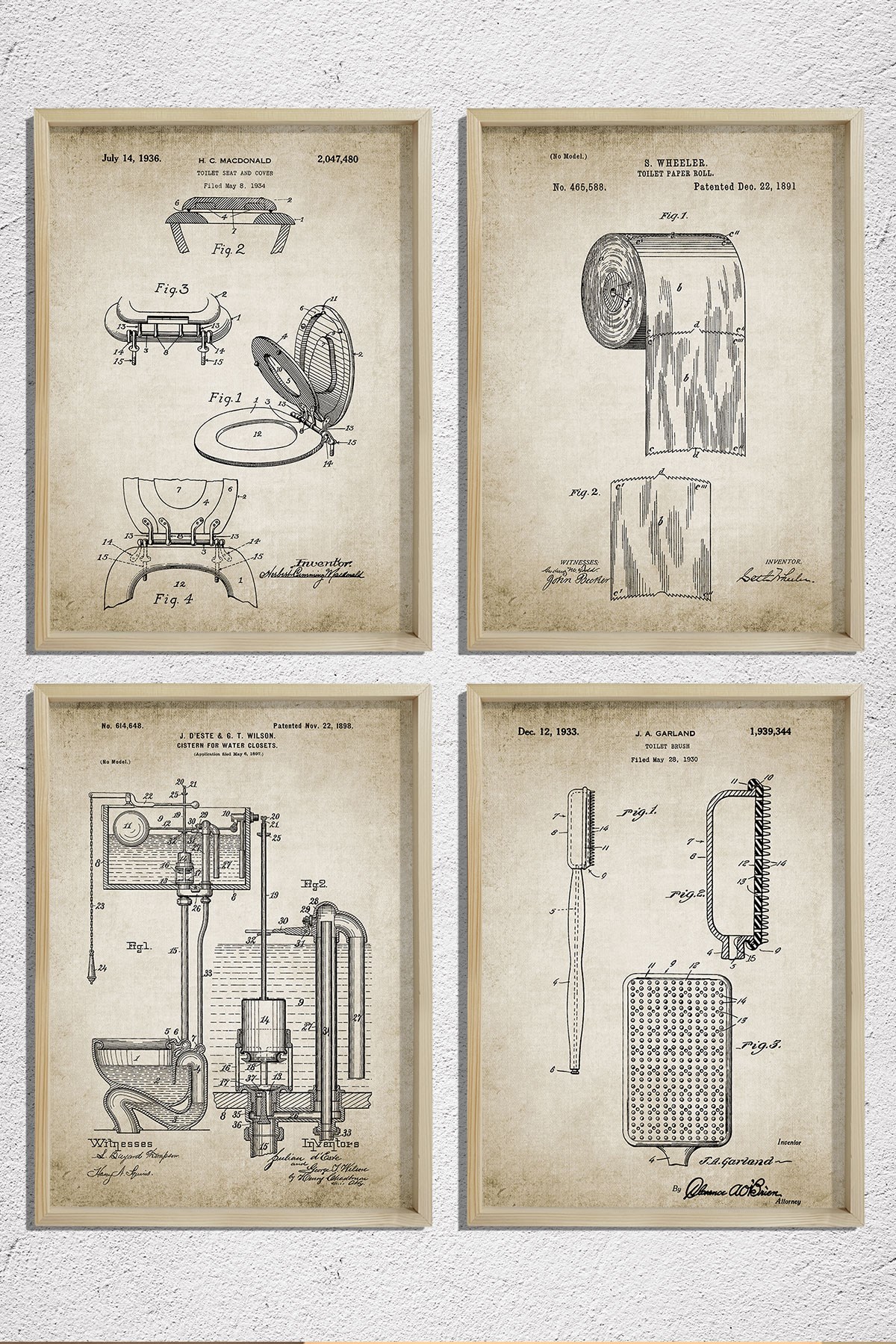 Doğal Çam Çerçeveli Duvar Tablosu Antik Tuvalet Ekipmanları Patenti 1891