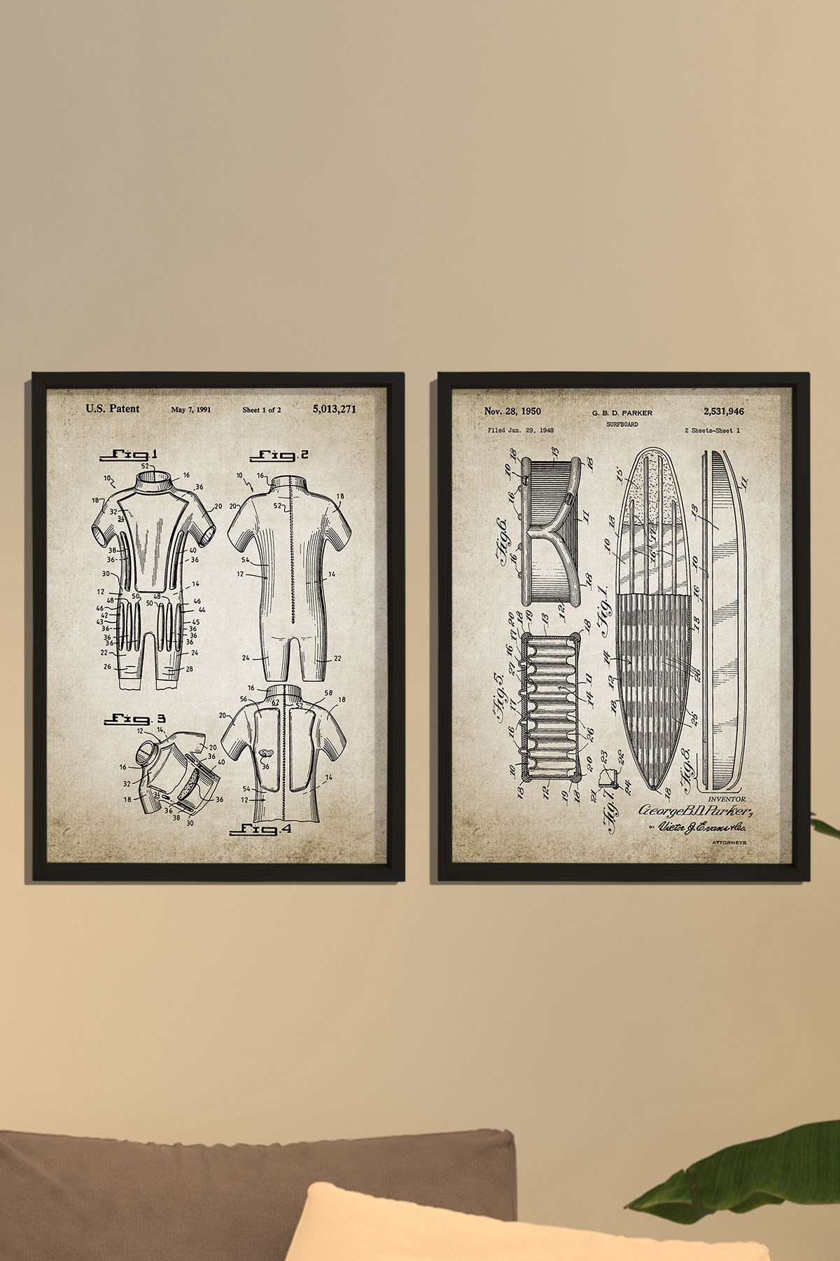 Doğal Çam Çerçeveli Duvar Tablosu Antik Surf Tahtası Tasarım Seti 1950