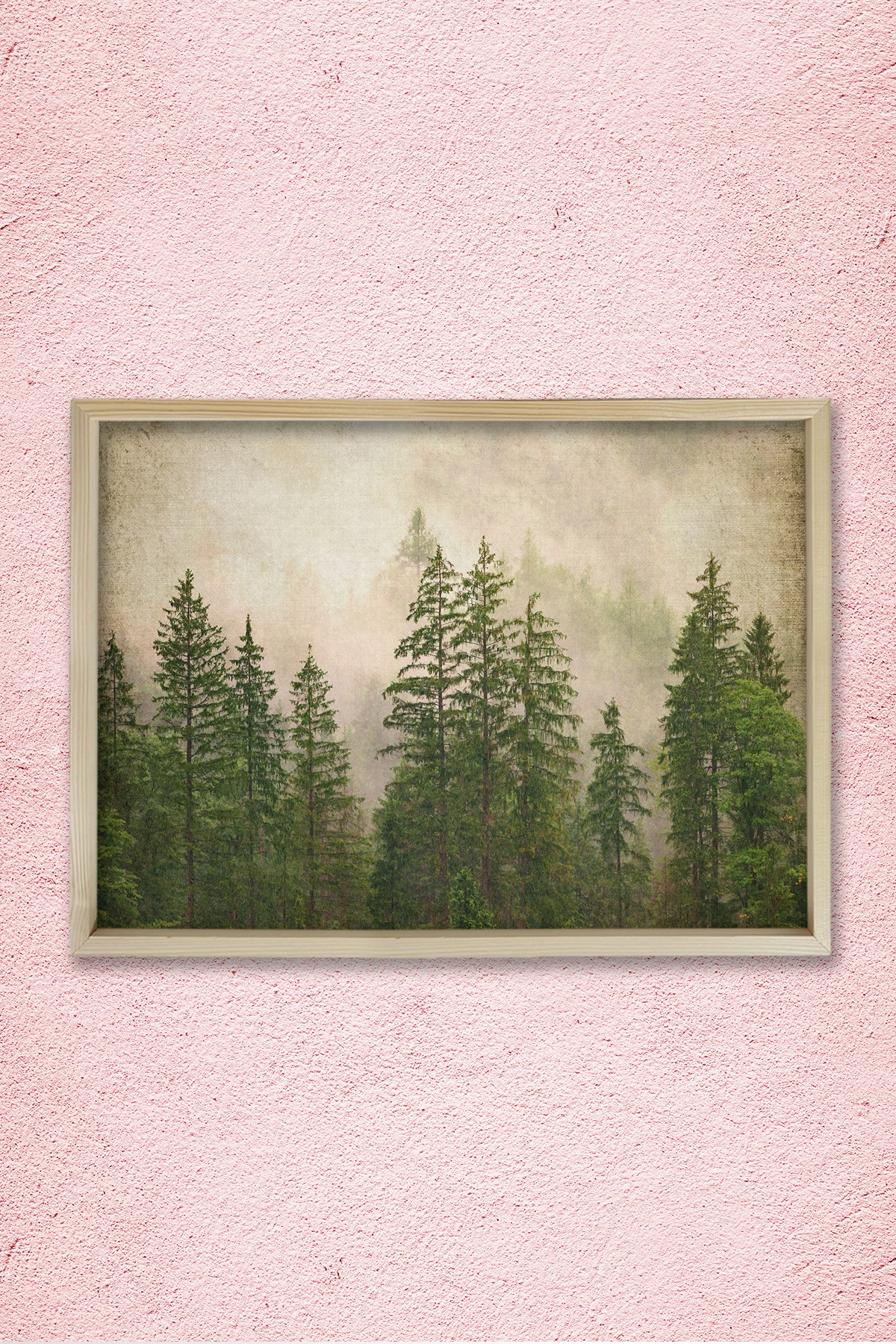 Doğal Çam Çerçeveli Duvar Tablosu Antik Sisli Orman