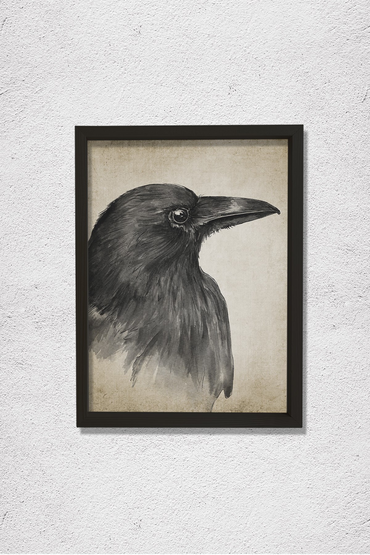 Doğal Çam Çerçeveli Duvar Tablosu Antik Suluboya Kuzgun