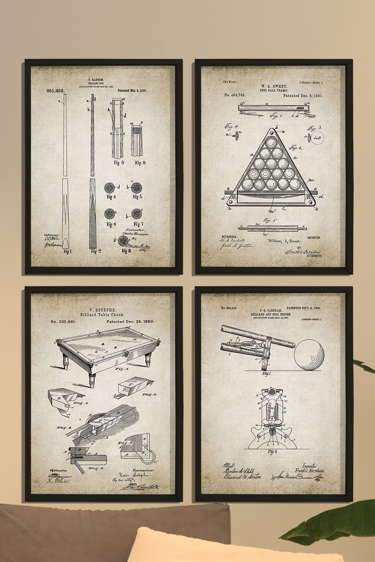 Doğal Çam Çerçeveli Duvar Tablosu Antik Bilardo Patent Seti
