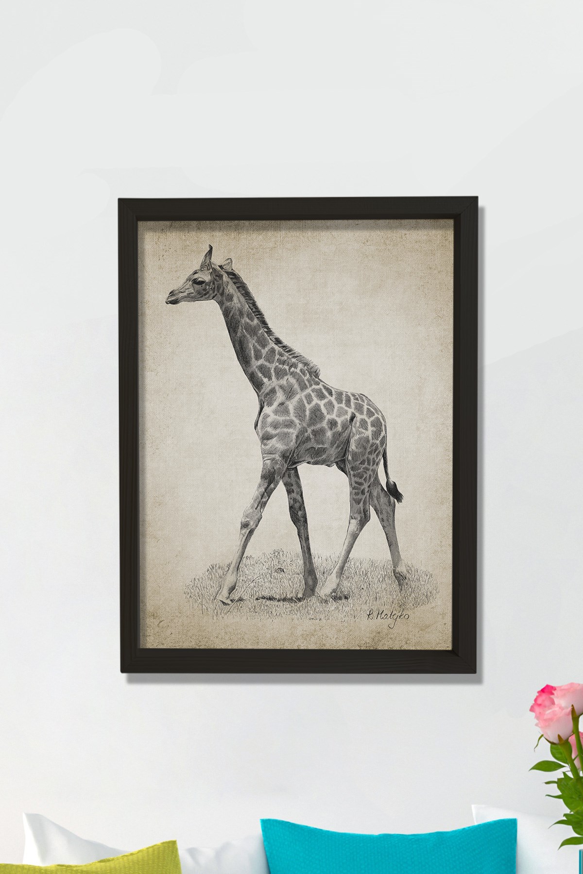 Doğal Çam Çerçeveli Duvar Tablosu Antik Karakalem Zürafa