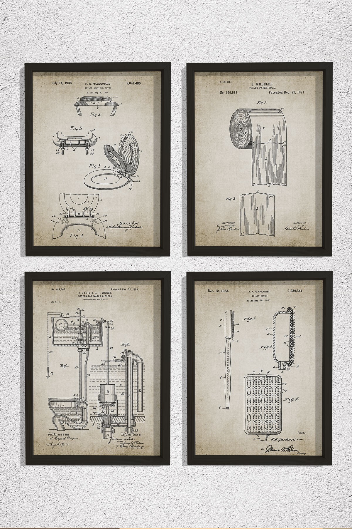 Doğal Çam Çerçeveli Duvar Tablosu Antik Tuvalet Ekipmanları Patenti 1891