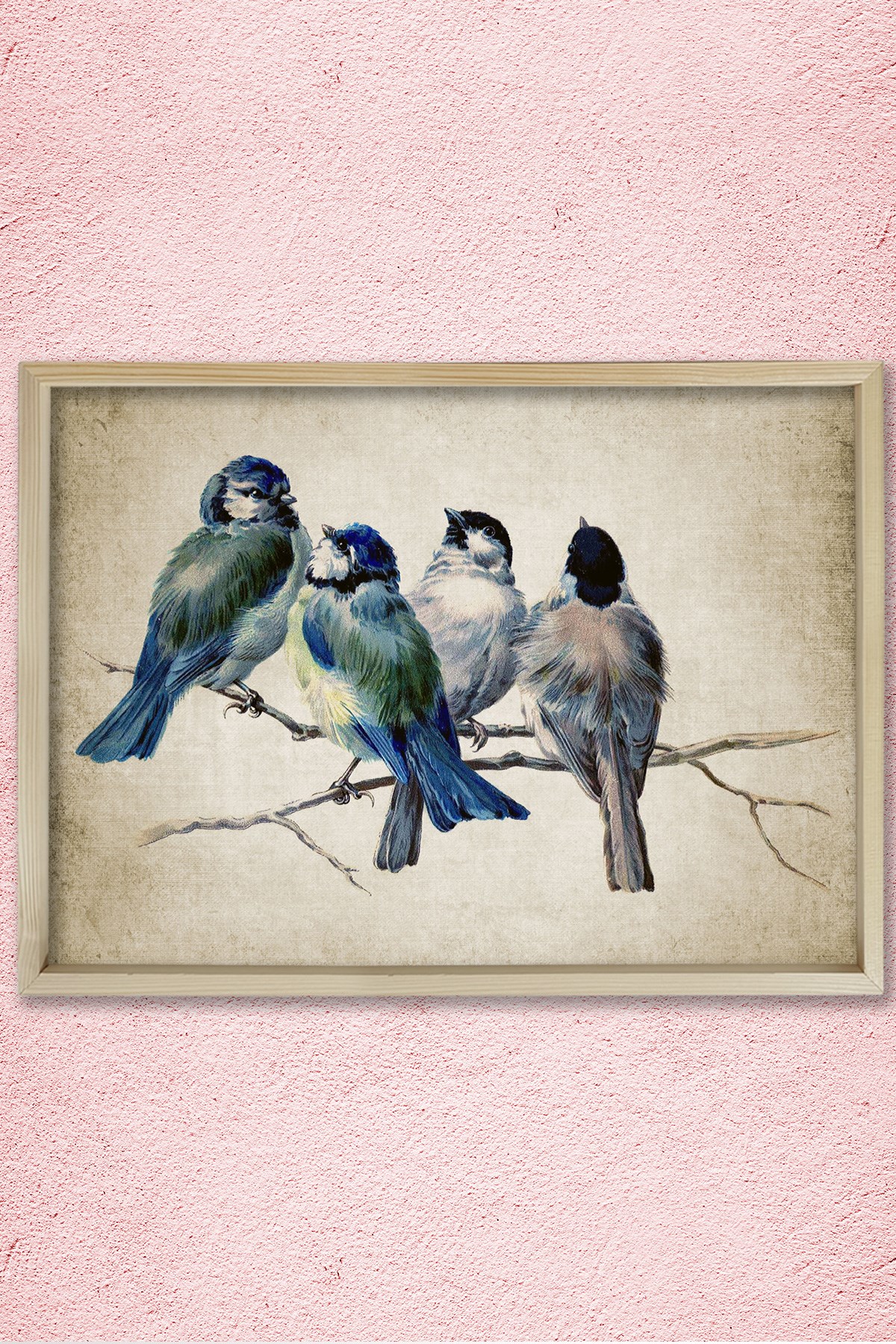 Doğal Çam Çerçeveli Duvar Tablosu Antik Mavi Kuşlar