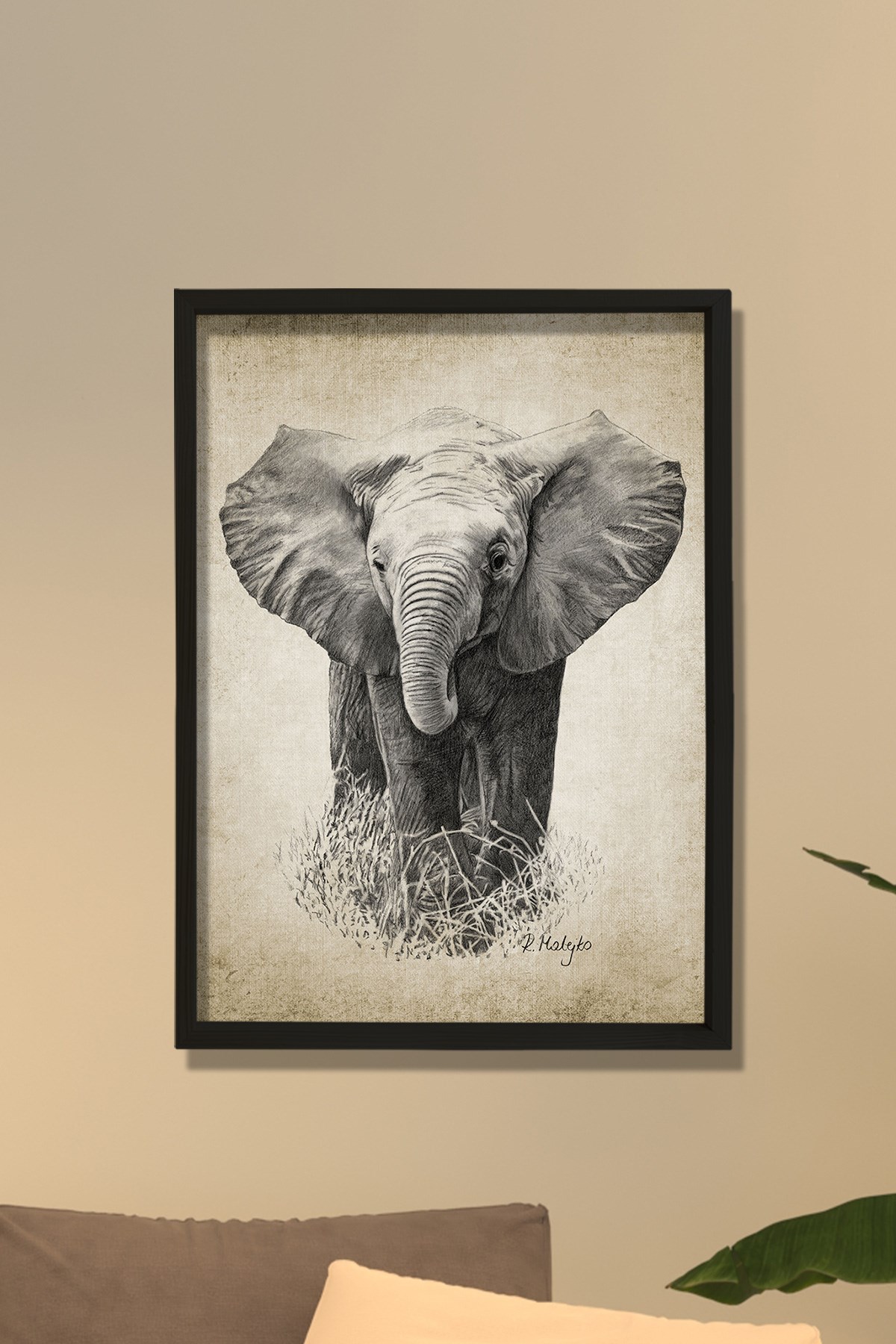 Doğal Çam Çerçeveli Duvar Tablosu Antik Fil