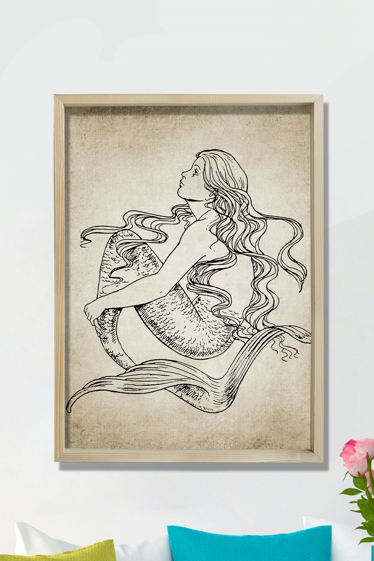 Doğal Çam Çerçeveli Duvar Tablosu Antik Denizkızı