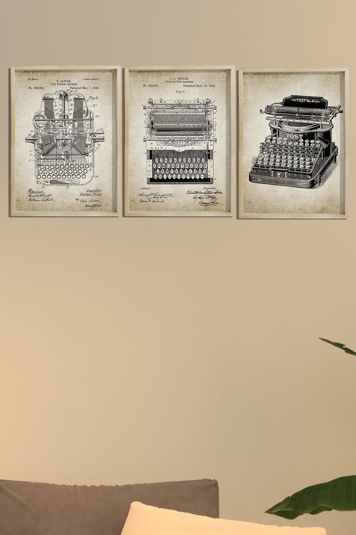 Doğal Çam Çerçeveli Duvar Tablosu Antik Daktilo Patenti 3'lü Tablo Seti 1896