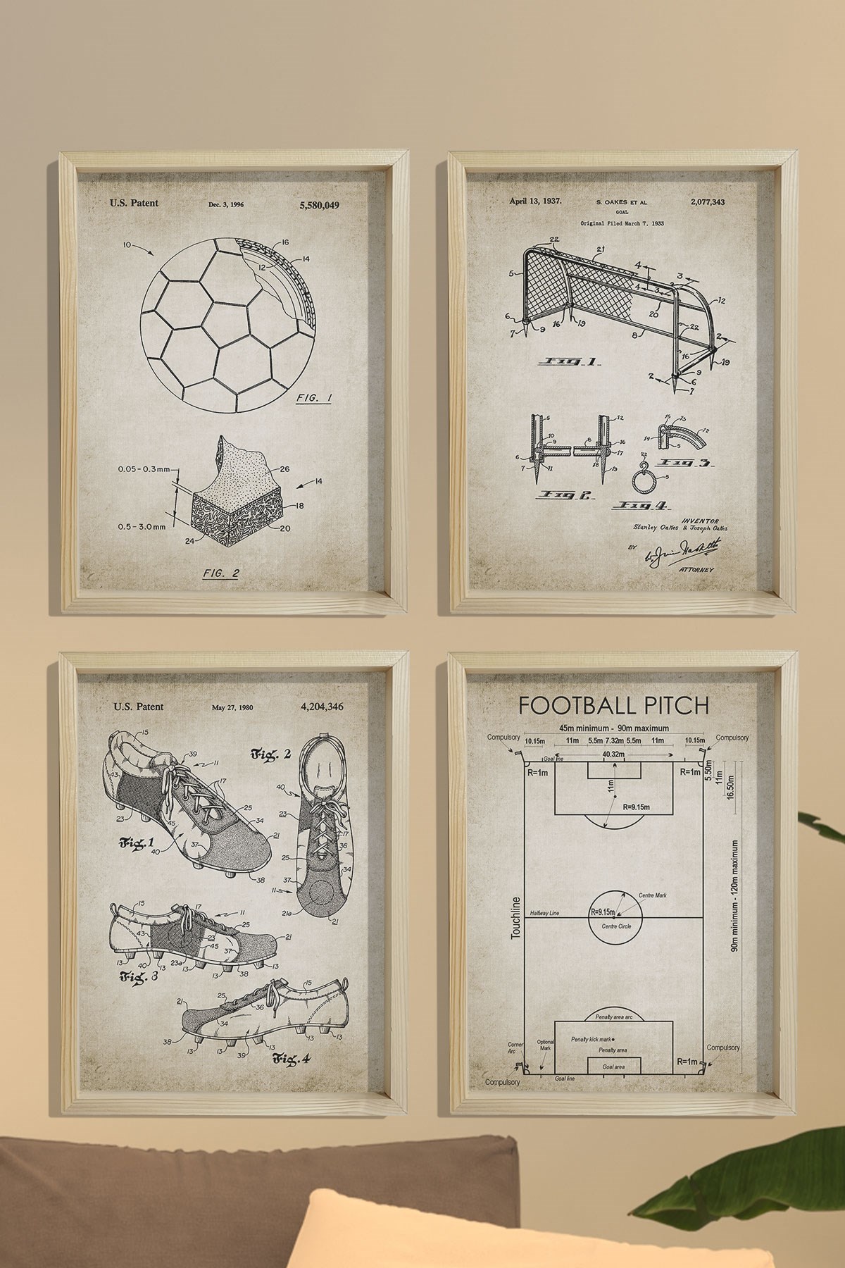 Doğal Çam Çerçeveli Duvar Tablosu Antik Futbool Patent Seti 1937