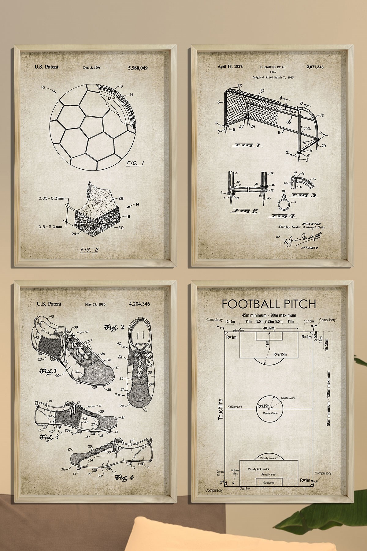 Doğal Çam Çerçeveli Duvar Tablosu Antik Futbool Patent Seti 1937
