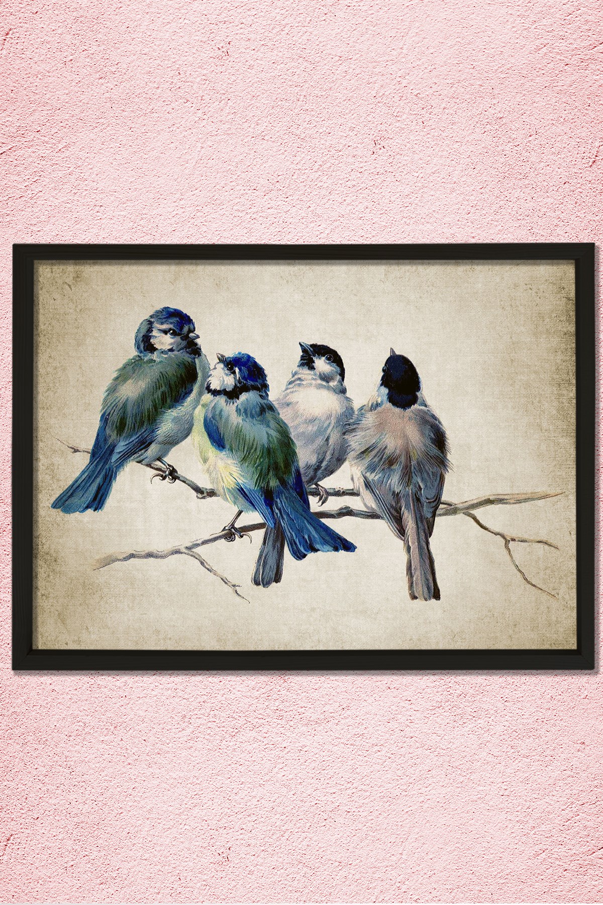 Doğal Çam Çerçeveli Duvar Tablosu Antik Mavi Kuşlar