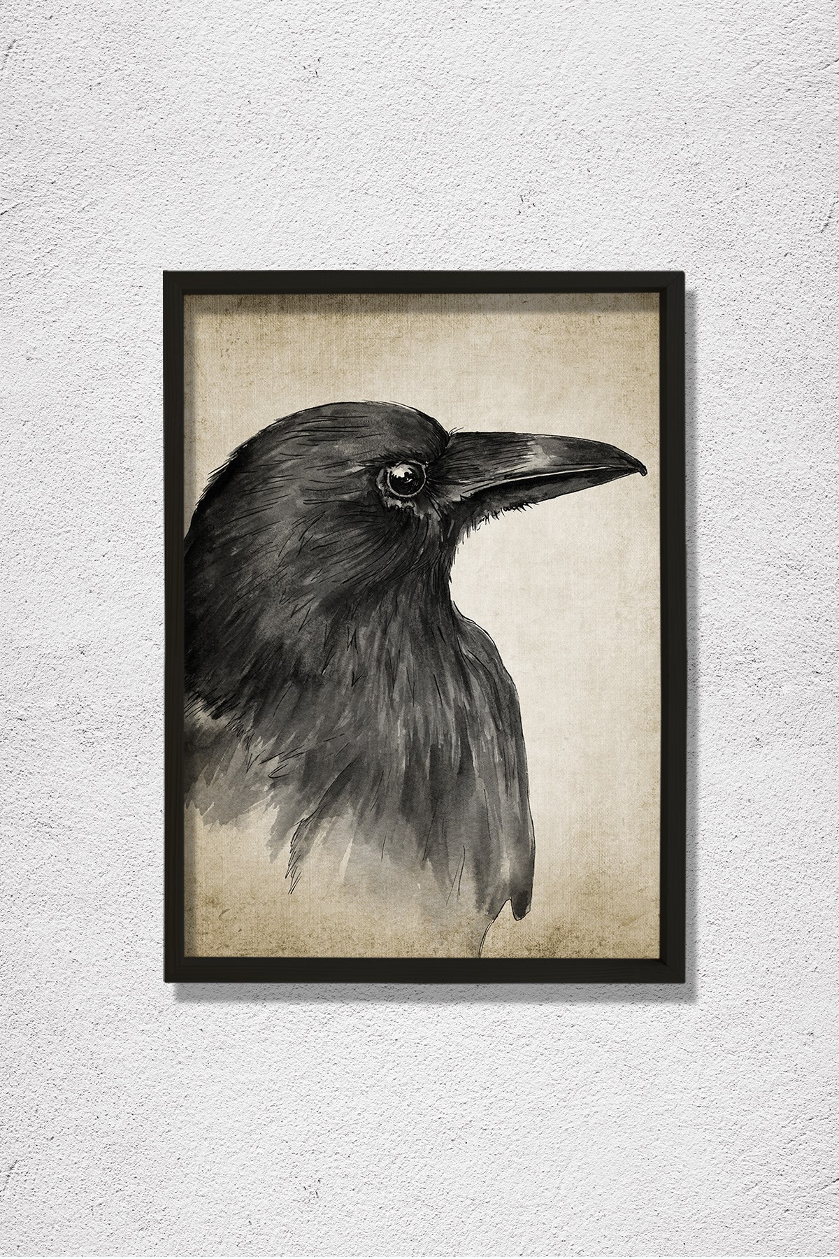 Doğal Çam Çerçeveli Duvar Tablosu Antik Suluboya Kuzgun