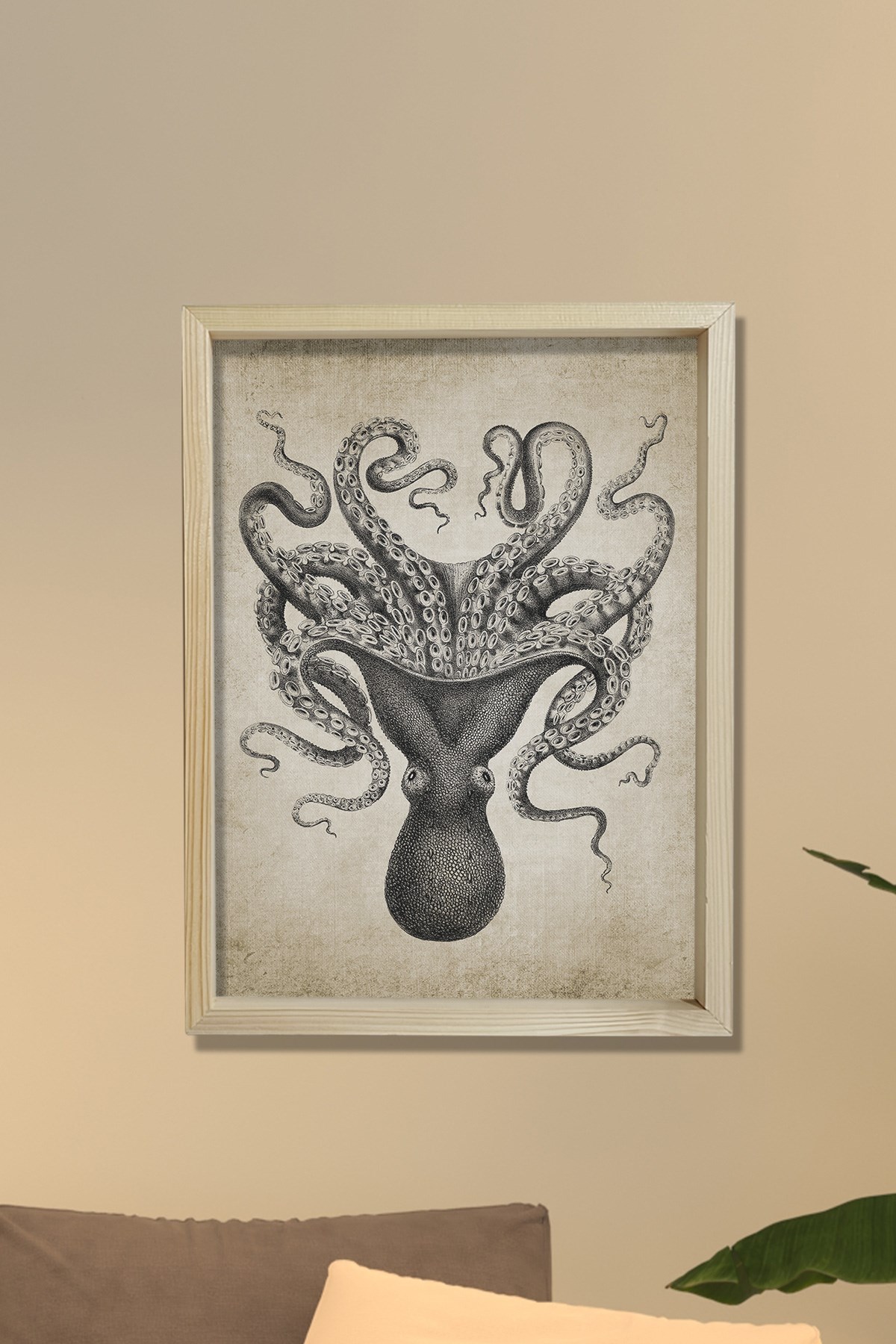 Doğal Çam Çerçeveli Duvar Tablosu Antik Kraken