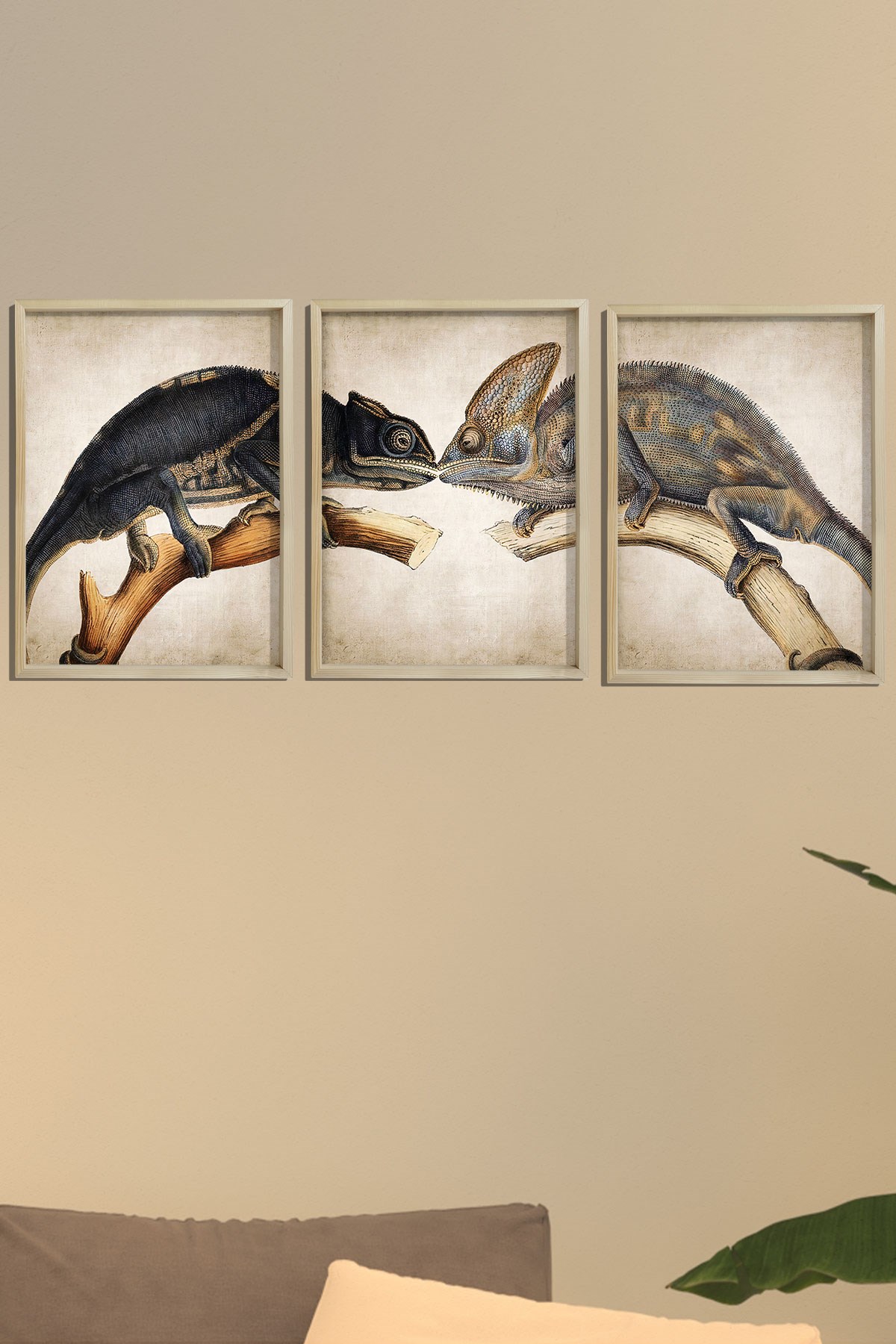 Doğal Çam Çerçeveli Duvar Tablosu Antik Bukalemun Öpüşme